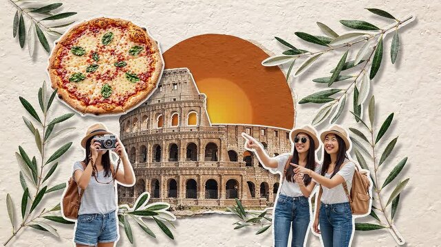Rome travel collage animation shows the Colosseum tourists taking photos and a margherita pizza framed by growing olive branches on textured paper.