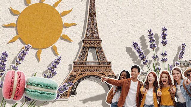 Travel collage animation features cheerful multicultural tourists admiring the Eiffel Tower amid floating French macarons and blooming lavender stems under paper sun.