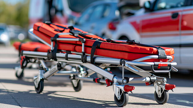 Two emergency stretchers positioned near damaged vehicles after a traffic collision, accident response, medical evacuation, roadside emergency, trauma care, first responder