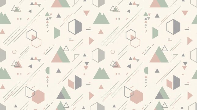 Seamless memphis geometric pattern background with soft pastel shapes and linear elements