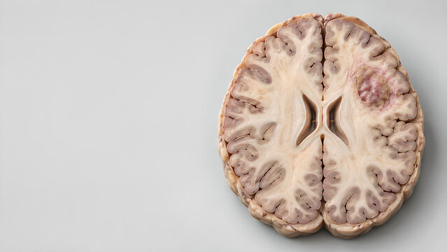 Brain tumor medical website banner with photorealistic human brain cutaway and copy space on a neutral clinical background for neurology healthcare design and patient education about cerebral tumors