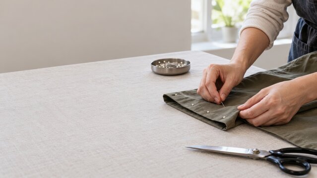 Tailoring business owner pinning a plain garment hem