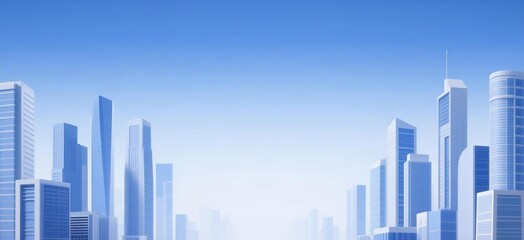 Naklejka premium Minimal light blue modern city skyline with skyscrapers fading into light fog blue sky clean contemporary urban landscape background