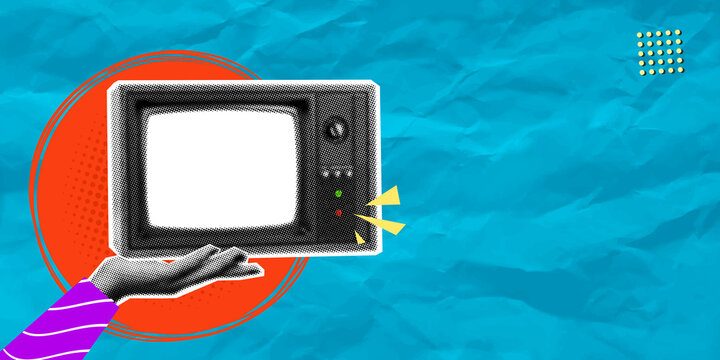 Surreal pop-art halftone collage depicting a hand holding a vintage tv with a blank white screen. Conceptual artwork with copy space symbolizing retro media, television broadcast and video mockup.
