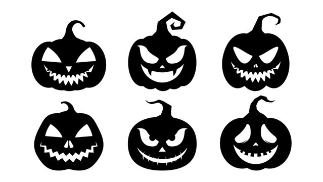 Isolated Black Silhouette Jack O Lantern Halloween Pumpkin Face Set