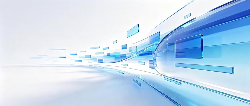 Abstract futuristic speed technology background with flowing curved transparent blue glass rectangles moving along curved path on clean white background