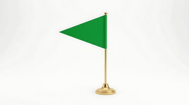 Small green triangular flag on a golden pole with a round base, isolated on a plain white studio background