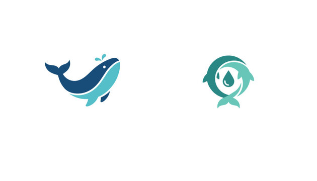 Two elegant blue and green logos featuring stylized whale and dolphin shapes are presented on a white background.