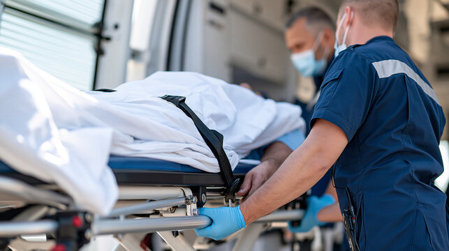 Two paramedics loading a covered patient onto a stretcher and into an ambulance, emergency medical transport, patient care, trauma response, first aid, healthcare service,