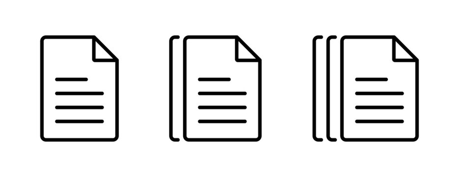 Document icons. Single and multiple page, paper stack symbol representing text file, business documentation, report, form, note. Transparent vector illustration for app, UI and website