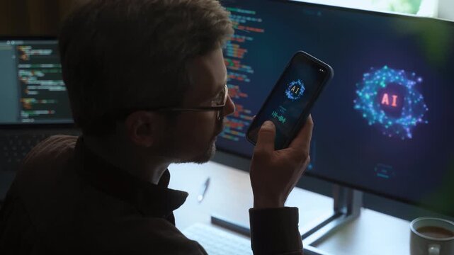 Man holding a phone and communicating with an AI chat bot app for coding support while working on software development. Coder using artificial intelligence assistant on smartphone and computer. 