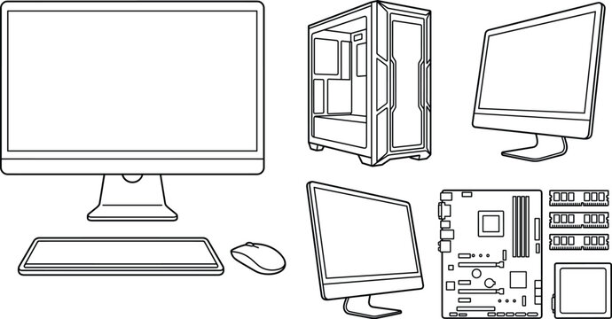 Desktop computer hardware and components line art vector set