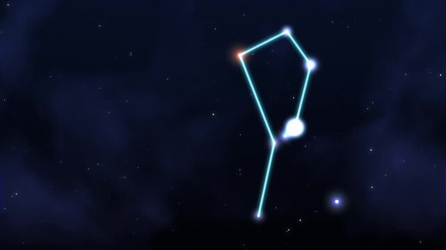 Orion constellation traced by glowing light lines in a deep blue starry night sky, star map animation with copy space, seamless loop 4K