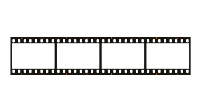 Long 35mm filmstrip border with four empty white frames and sprocket holes