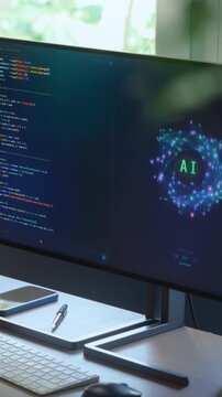 AI agent or artificial intelligence assistant autonomously working on project without human, writes and processes code on a computer at empty workspace. AI automation. Copy space