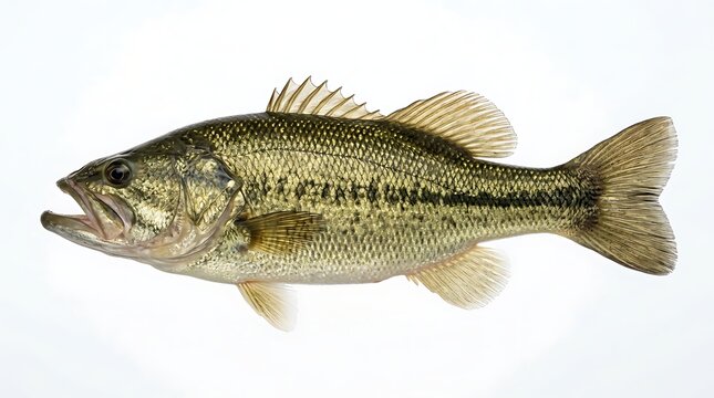 A single largemouth bass fish swimming in profile, featuring olive green scales and a dark lateral line on white