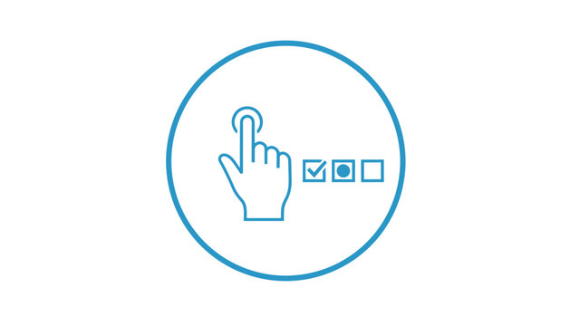 Interactive touch screen concept with a hand gesture and multiple selection options shown in a minimal modern icon style.