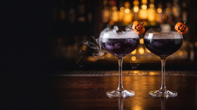 Smoking purple Halloween cocktails with dry ice mist in dark bar