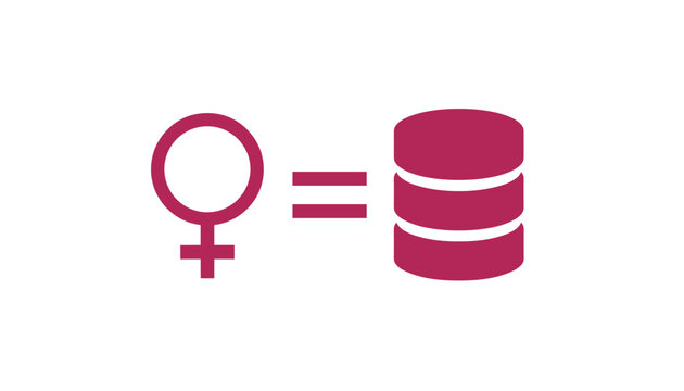 Female gender symbol connected to a pink database icon with an equals sign, symbolizing gender statistics or women in data.