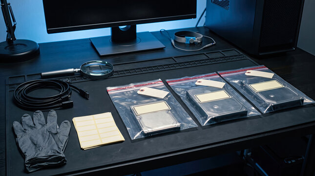 Digital Forensic Evidence Collection Setup with Hard Drives in Evidence Bags on a Professional Laboratory Desk