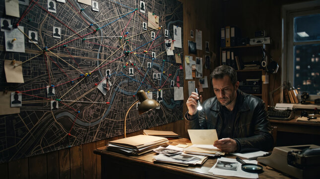 Detective examining evidence in a dimly lit office with a large wall map and red string