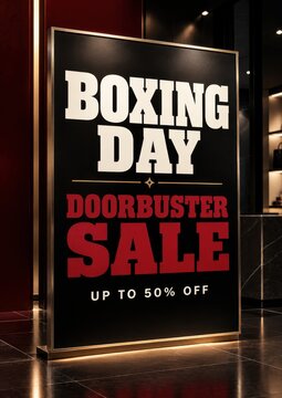 Boxing day doorbuster sale sign in a modern luxury retail store interior with elegant gold frame and dark ambient lighting