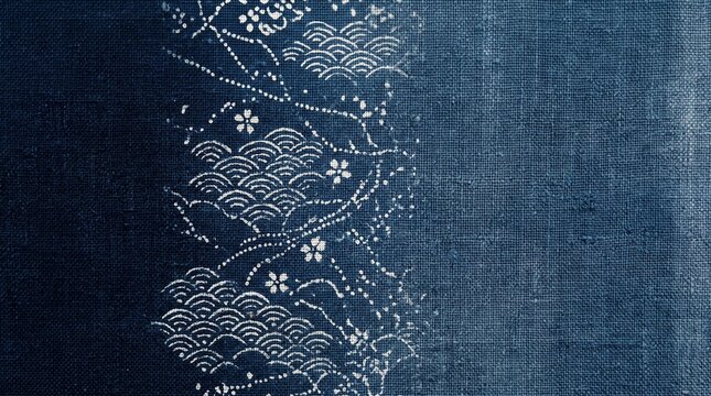 Japanese indigo textile wallpaper with white stencil pattern line of wave and cherry blossom motifs along the left border