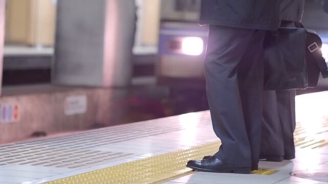 冬の朝の通勤電車のホームで電車待ちのビジネスマンの姿