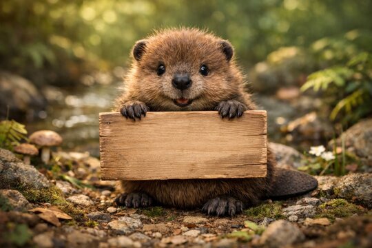 Adorable beaver holding blank sign