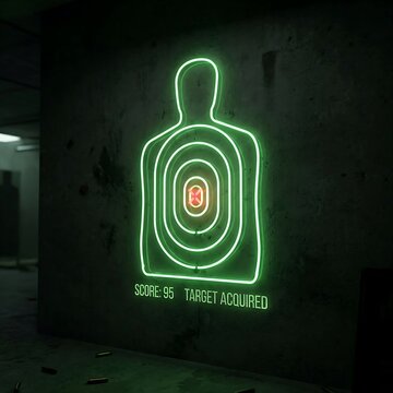 Target shooting score with bullseye hit and neon text