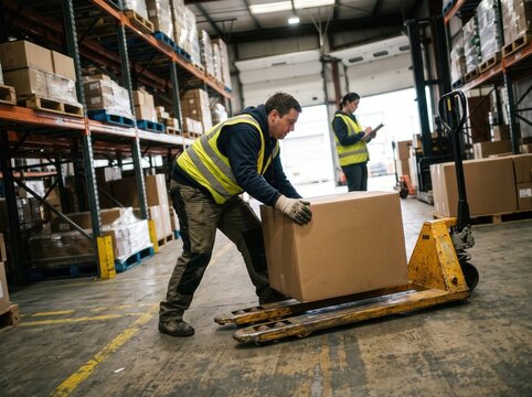 Warehouse worker loading parcel box onto pallet jack logistic center