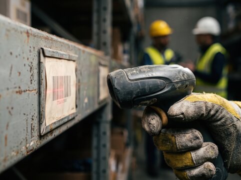 Warehouse Worker Scanning Barcode Label Shelf Logistics