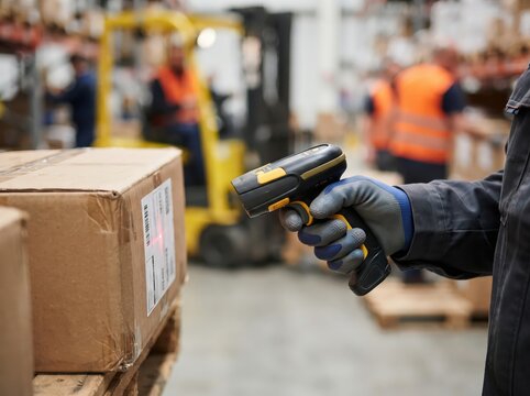 Warehouse worker scanning box barcode label logistics industrial