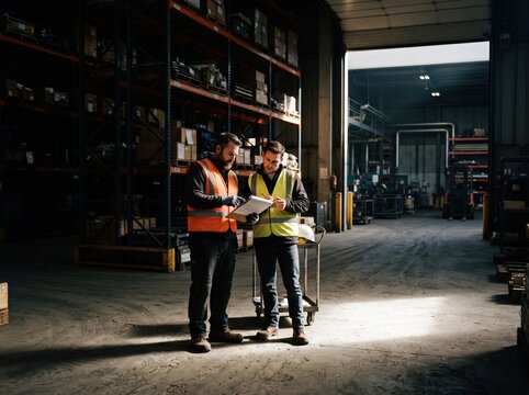 Warehouse workers checking paperwork inventory logistics industrial facility