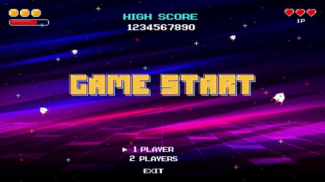 GAME START. pixel art 8-bit. retro game. for game assets in vector illustrations. arcade gaming.