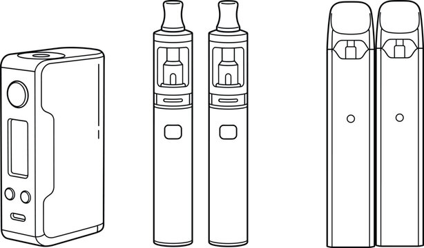 Electronic cigarettes vape pens and pod mod line art vector set