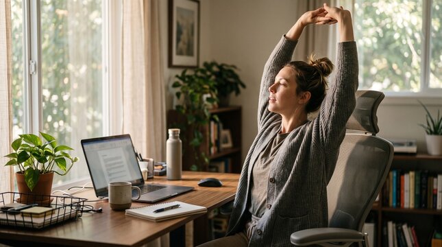 Woman stretching at desk during remote work morning warm-up  
