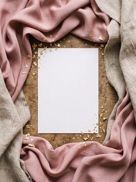 Framed blank paper surrounded by pink and beige fabric with gold flakes  