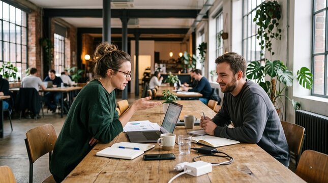 Remote Work & Digital Nomad. Team Brainstorming at a Coworking Space