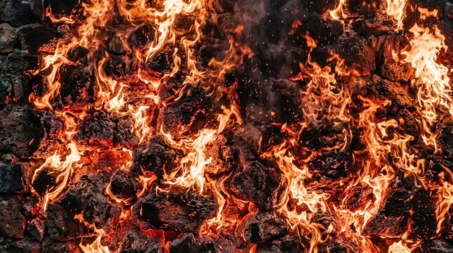 A roaring fire consumes a dark stone wall. Intense flames dance and flicker, casting a warm, orange glow.