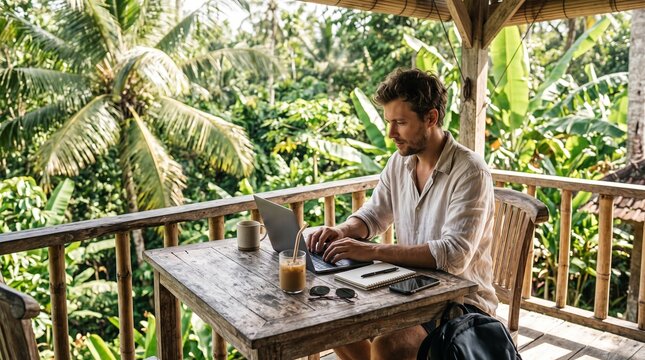 A young man working on his laptop on the terrace.  Remote Work & Digital Nomad