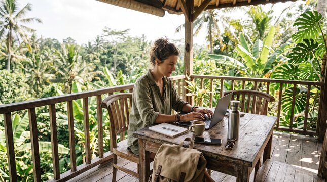 Young woman working on a laptop at a wooden table in a tropical setting. Remote Work & Digital Nomad  