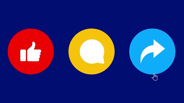 Social Media Like Comment Share Button Click Animation with Hand Cursor, Color Changing Icons, Interactive Social Network Engagement and User Interface Motion Graphics...