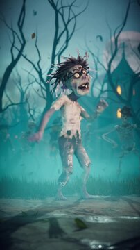 Halloween party. Funny zombie and skeletons dancing in a scary gothic graveyard. 3D animation.