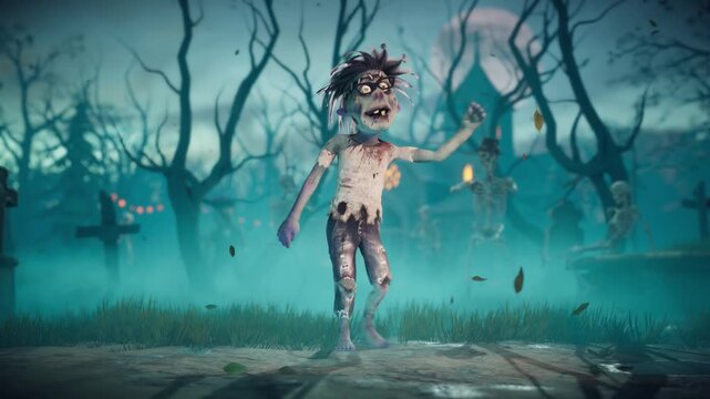 Halloween party. Funny zombie and skeletons dancing in a scary gothic graveyard. 3D animation.