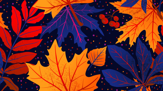 Autumn leaf seamless pattern with colorful maple leaves, foliage and rowan berries on dark blue background for Thanksgiving banner, fall fabric print and seasonal wrapper