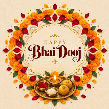 Bhai dooj festival greeting card with marigold flowers and traditional