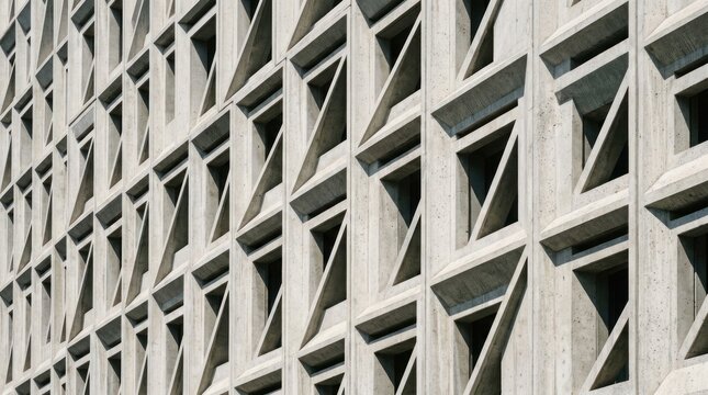 A concrete building features a complex, geometric facade of interlocking triangular patterns. The facade contains several rectangular windows, each framed by the intricate concrete design.