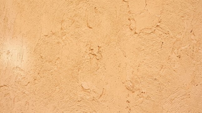 A close-up shot of a textured, stucco wall. The wall exhibits a rough, uneven surface with variations in color ranging from light beige to a deeper tan.