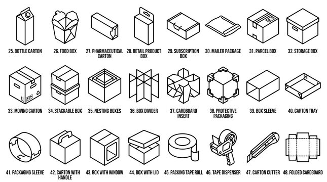 50 Minimal Packaging Box Vector Icons Featuring Open Empty Cartons Product Containers Shipping Parcels and Editable Stroke EPS10 Symbols